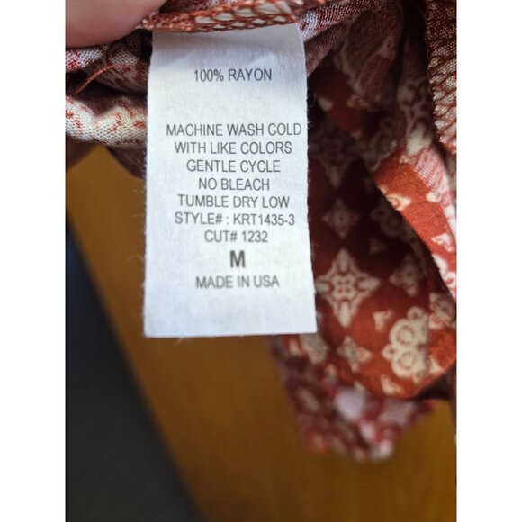 Rust-Red Floral Ruffle Sleeve Rayon Top With Tie Neck Medium - Picture 6 of 6